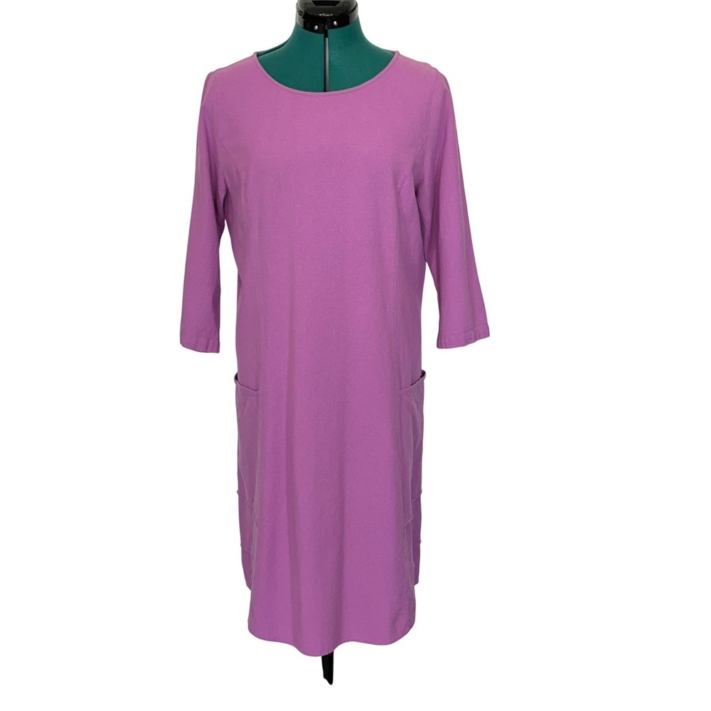 Soft Surroundings Purple Cotton Crinkle Shift Dress 3/4 Sleeve Pockets 2EK28 M